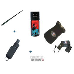 Lote defensa electroshock police 900 kv + Porra extensible con funda + spray gas pimienta  50 ml
